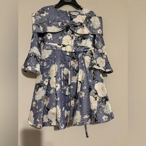 Girls Satin Floral Dress in Periwinkle blue and Cream with bell sleeves size 4